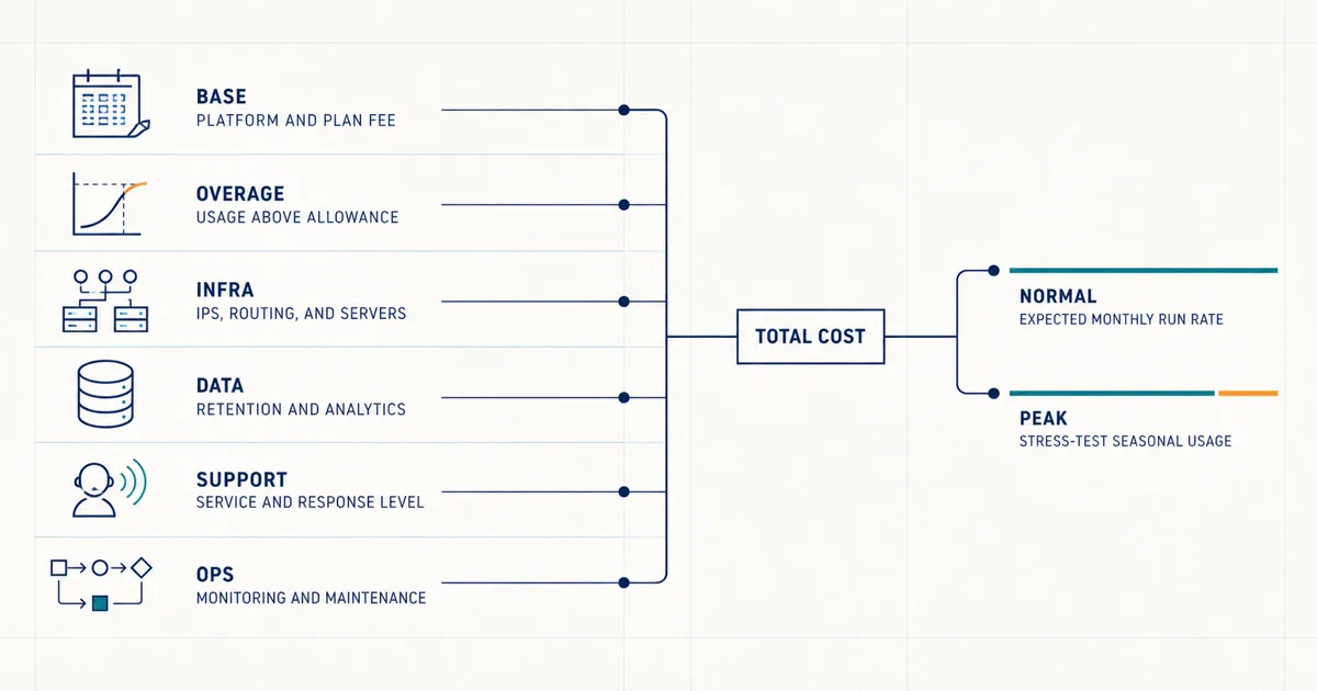 Six transactional email cost inputs converging into normal and peak total cost estimates