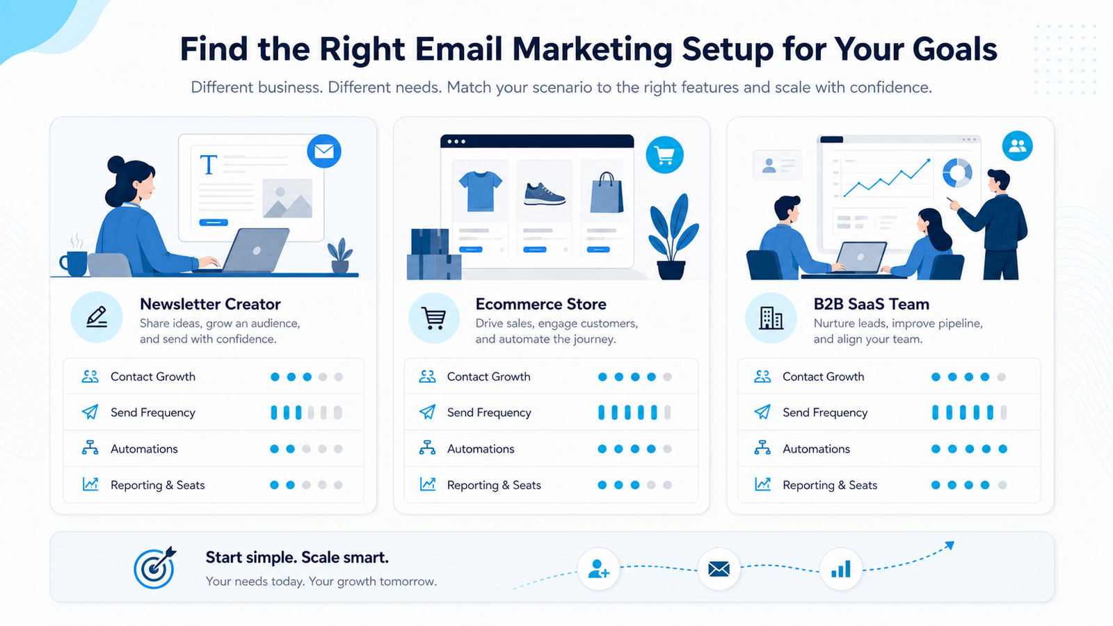 Email marketing pricing scenarios for newsletter creators, ecommerce stores, and B2B SaaS teams