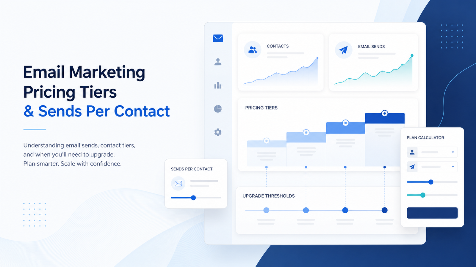 Email marketing pricing tiers and sends per contact dashboard illustration
