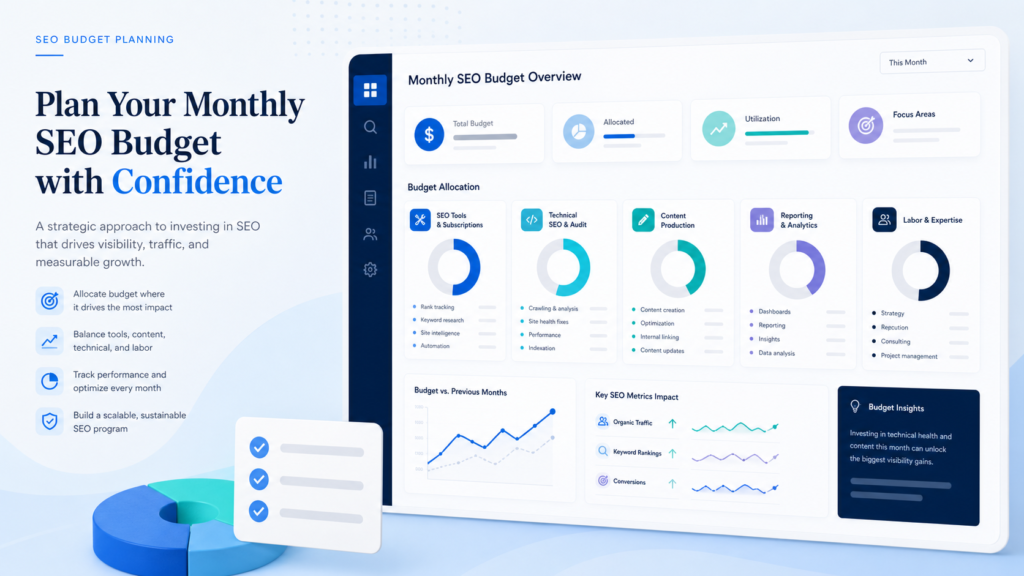 Monthly SEO budget planning dashboard with tools, technical SEO, content, reporting, and labor blocks
