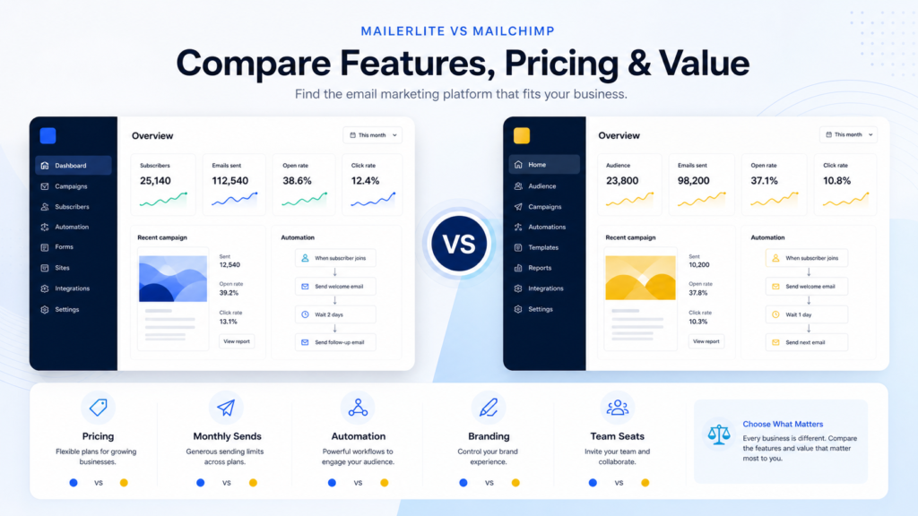 Neutral MailerLite vs Mailchimp comparison dashboard for pricing, sends, automation, branding, and team seats